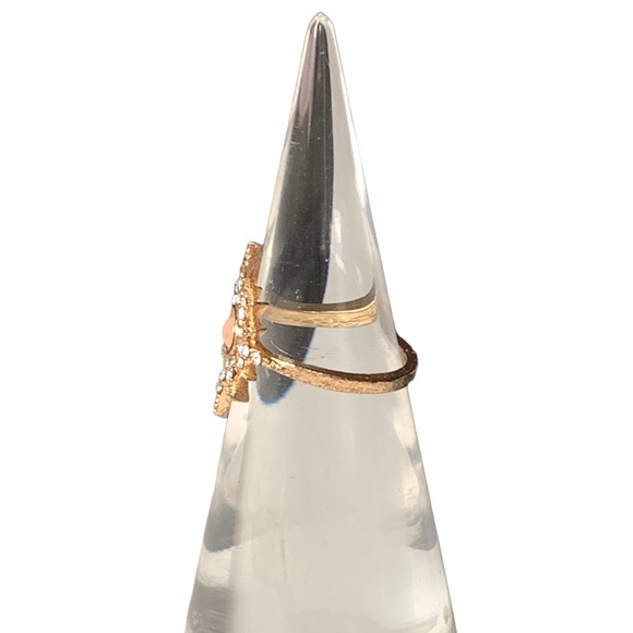 Sun Star Burst Faux Peach Opal & Clear Crystal Woman’s Fashion Ring Jewelry - Picture 7 of 9